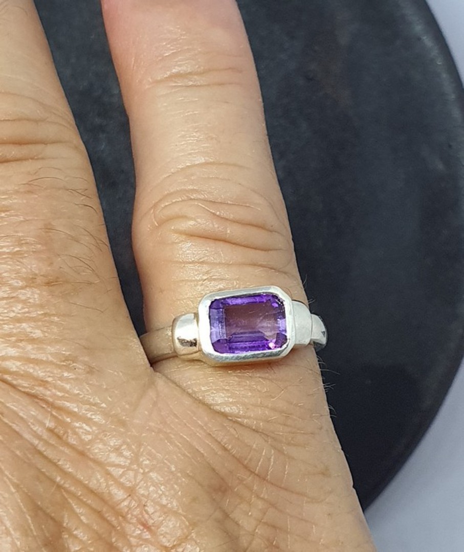 Silver ring with rectangle purple stone - made in NZ image 1